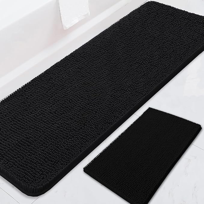 BOANKODU Bathroom RugsSets 2 Piece，59X24+16X24Inch，Absorbent Non-Slip Very Soft Chenille Mat,Machine Washable （Black）