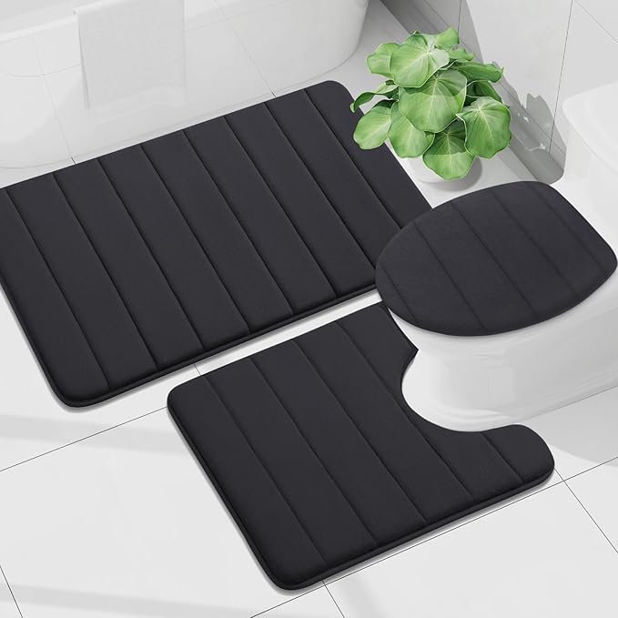 Buganda Memory Foam U-Shaped Contour Toilet Rugs, Non Slip Absorbent, Thick Soft Washable Bathroom Mat, Floor Carpet Bath Rugs Mat for Toilet Base (20" x 20", Black)