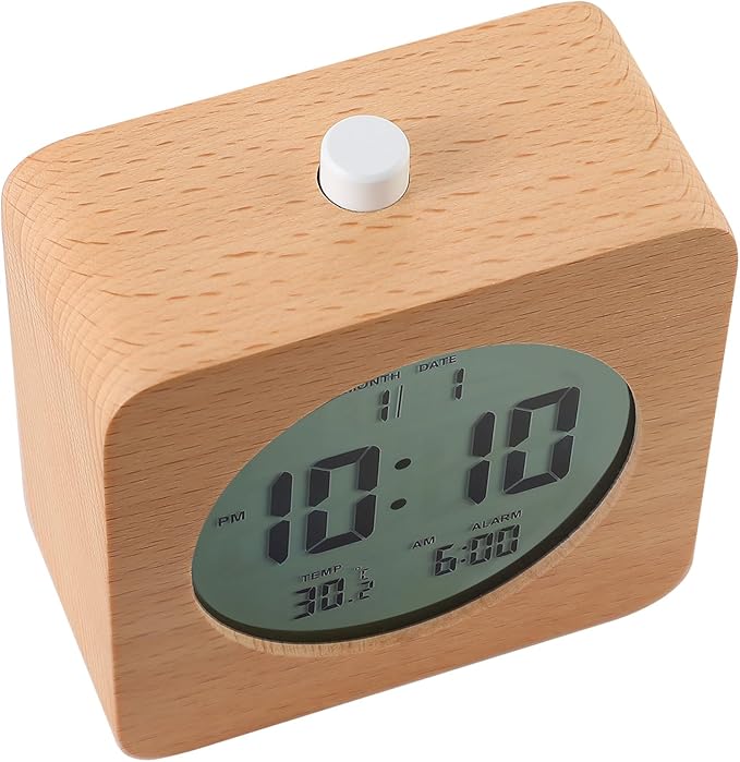 Plumeet Wooden Digital Alarm Clock for Bedrooms, Wood 4'' Battery Powered Alarm Clock with Snooze and Nightlight, Electronic LCD Desk Clock Display Time, Date, Temp, 12/24H, Wood Décor, Square, Brown