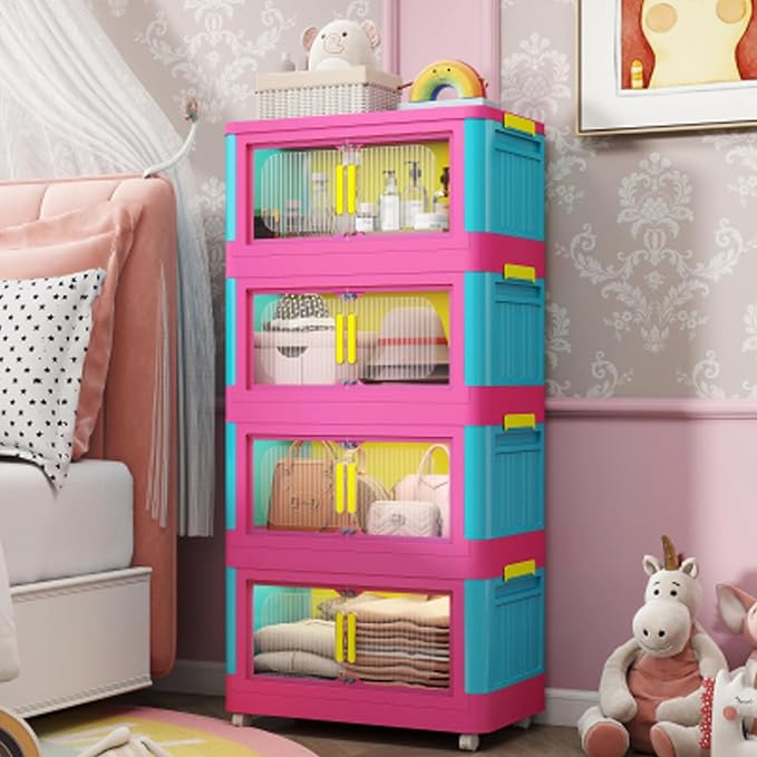 4 Tiers Folding Storage Cabinet,20" Side Wide Collapsible Storage Bins with Doors and Wheels, Space Saving Plastic Cabinet for Living Room, Office, Dorm, Rainbow