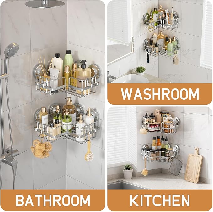 LEVERLOC 2 Pack Corner-adaptive Suction Cup Shower Caddies, Drill-Free Wall Mounted Basket, Stainless Steel Rustproof Corner Shower Shelf, Large Capacity Removable Suction Cup Bathroom Organizer, Gray