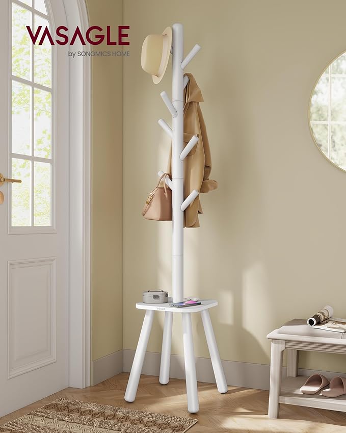 VASAGLE Coat Rack, Free Standing Coat Stand, Hall Coat Tree with 8 Hooks and Storage Shelf, 69.2 Inch Tall, for Coats, Hats, Bags, for Entryway, Hallway, Bedroom, Cloud White URCR033W01