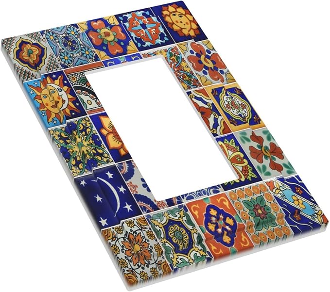 Decorative Outlet Covers Mid Century Talavera Shaped Tiles 1 Gang Single Rocker Light Switch Cover Plate Wall Plates GFCI Faceplate for Bedroom Bathroom Decor
