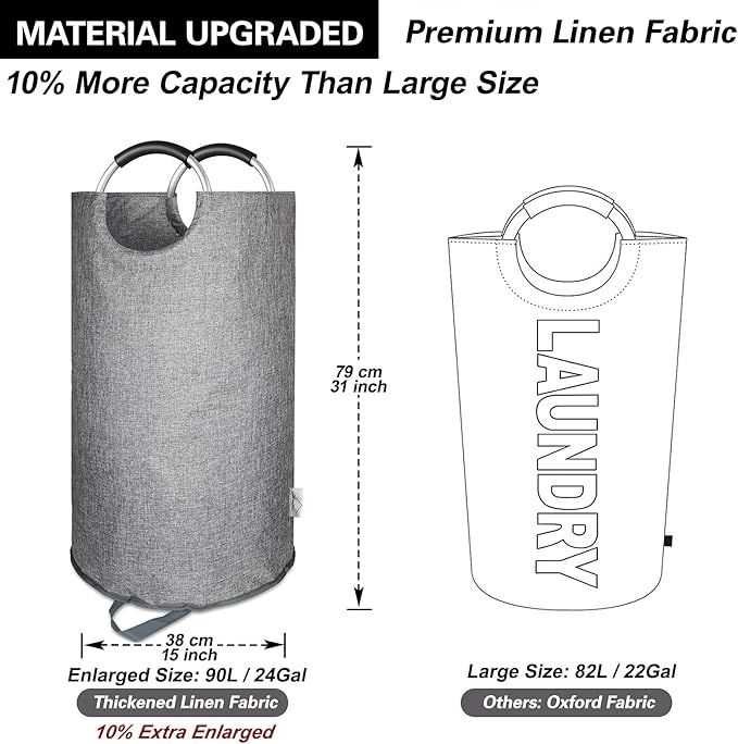 Large Laundry Hamper Bag Collapsible, Tall Laundry Basket with Sturdy Handles, Fabric Dirty Clothes Bin for Laundry, College Dorm, Boys, Man, Durable Heavy Duty Two-Layer – 90L Grey