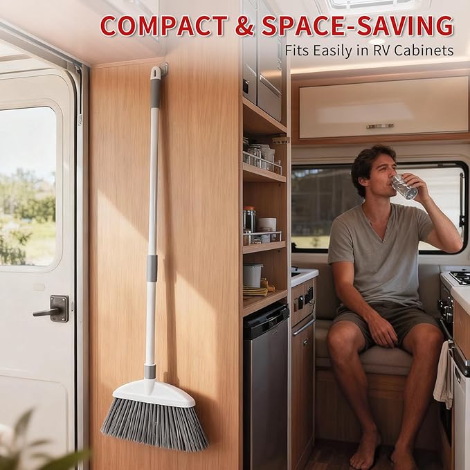 Collapsible Broom for RV, Telescoping Broom with Adjustable Handle, Lightweight and Portable, PET Bristles Sweep Fine Dust, with Hanging Hole, Ideal for Floors, Kitchen, Camping and Outdoor Use