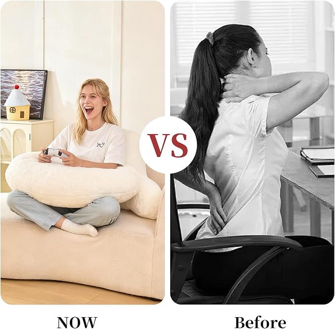 Reading Pillow for Bed,U Shaped & Back Support Pillow for Bed,17" Backrest with Lumbar & Arm Support,Luxurious Faux Rabbit Fur,Gaming PillowFor Crochet/Reading/Watching TV,White
