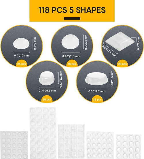 118 Clear Cabinet Bumper Pads – Self-Adhesive Silicone Set with 5 Shapes for Doors, Drawers & Furniture – Sound Dampening Pads for Surface Protection