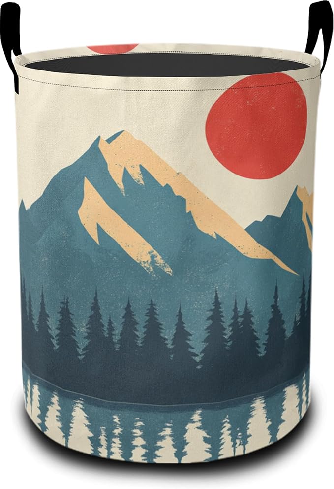 Laundry Basket,Boho Mountains Sun Large Canvas Fabric Lightweight Storage Hamper Organizer Dirty Clothes Collapsible Waterproof for College Dorms,Bathroom