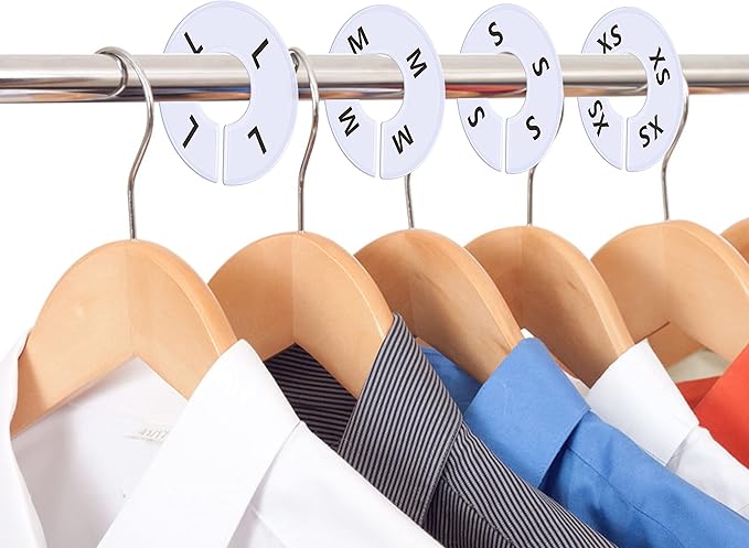 40 Pack Round White Plastic Clothing Size Closet Rack Dividers Hangers, Preprinted in 8 Sizes XXS, XS, S, M, L, XL, XXL, XXXL (Outer 3.5”, Inner Diameter 1.38”)