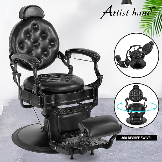 Artist hand Retro Barber Chair Heavy Duty Barber Chairs Vintage Salon Chair Hydraulic Recline Chair Rounded Cushioning Beauty Spa Styling Equipment(Black)