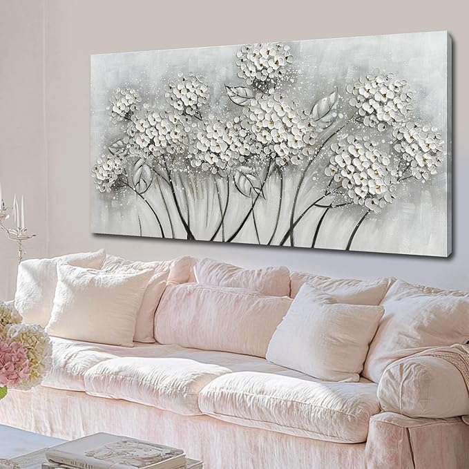 SOUGUAN Plant Wall Paintings White Floral Canvas Wall Art for Living Room Hand Painted Artwork Poster Botanical Picture Wall Decor for Home Office Decor 24x48 Inch