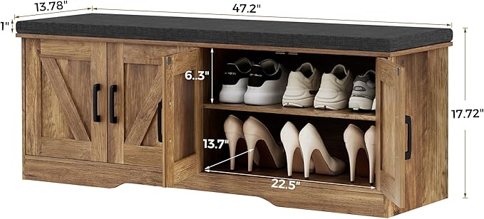 2-Tier Storage Bench, 47.2" Wide Shoe Bench with Padded Seat Cushion, Entryway Bench with 4 Barn Doors and Adjustable Shelf, Rustic Walnut