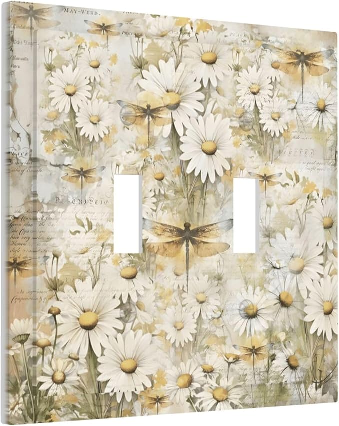 Vintage Letter Paper Wildflowers Dragonfly Daisy Floral Decorative Switch Plates 2 Gang Double Toggle Outlet Light Switch Cover Wall Plate Electrical Faceplate for Farmhouse Bedroom Decor