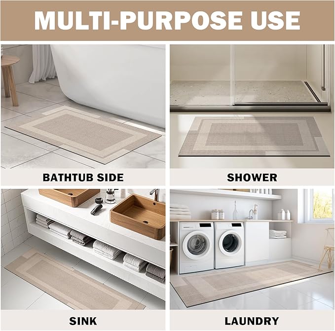 Non Slip Bath Mat, Rubber Backing Ultra Thin Bathroom Rugs Fit Under Door Quick Dry Super Absorbent Washable Bath Rug Shower Mat for Bathroom Floor Bathtub Shower Sink, Easy Care Beige 24"x 35"