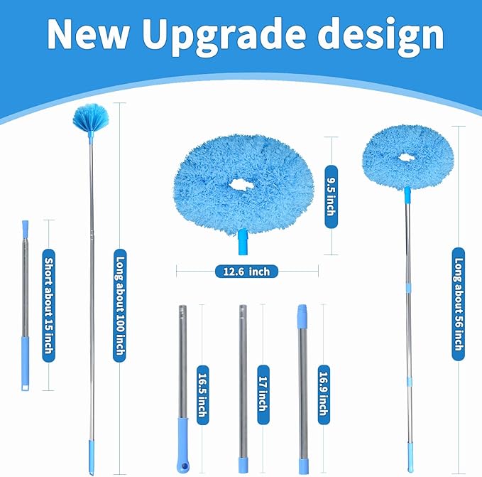 Ceiling Fan Cleaner Duster & Cobweb Duster with Extension Pole 15" -100" Reusable Microfiber Ceiling Fan Blade Cleaner Removable Duster (Blue) for Cleaning High Ceiling Fan Interior Roof Spider Web
