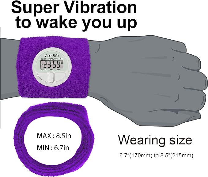 Coolfire - Vibrating Alarm Clock Sweatband, Silent Wake Yourself Up Wristband Vibrating Alarm Watch for Couples, Students, Easy to Set on User-Friendly App, Hearing Impaired, USB Chargeable (Purple)