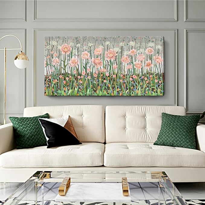 amatop Botanical Wildflower Wall Art, Large Rustic-Inspired Pink and Green Forest Canvas Print – Nature Flower Picture for Living Room, Bedroom & Cabin Home Decor (48x24in)
