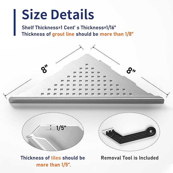 8'' Corner Shower Shelf 2 Pack, 304 Stainless Steel Grout in Shelves for Tiled Wall, Recessed Bathroom Shelf Rack, No Drilling Needed (8'', Silver)