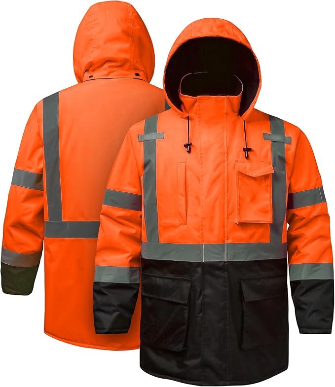 Reflective Jacket, High Visibility Parka, Waterproof Hi Vis, Safety Jacket with Removable Hood and Zipper, ANSI Class 3 (Orange,5XL)