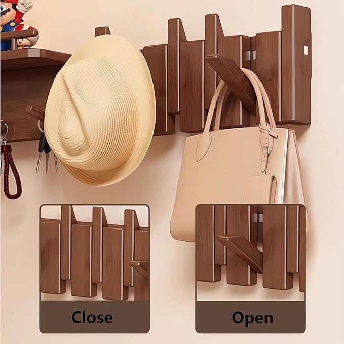 Wall Mounted Piano Key Hanger | Flip Style Hook | Entrance Wall Art Hook, Made of Oak Wood (3 Times Painted, 4 Times Polished) (Fence Walnut, 4Hooks)