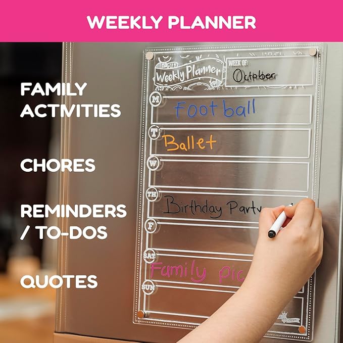 CHALKY CROWN Acrylic Magnetic Weekly Planner for Fridge Plus Menu Board for Kitchen with 8 Magnetic Markers - Dry Erase Board for Fridge - Weekly Meal Planner (2 Boards, 14.5x10.2 Each)
