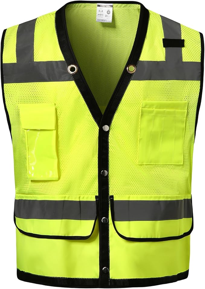 Reflective Safety vest With back plan pocket,High visibility Class 2 Heavy Duty Surveyor Vest,Hi Vis Vest ANSI/ISEA Standard, Construction Work Vest for Men＆Women(Lime-Button,2XL)