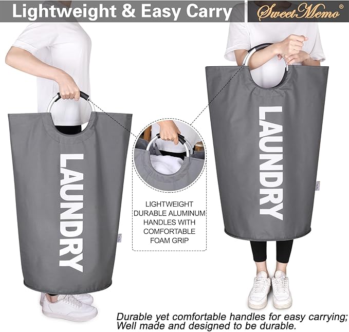 Large Laundry Basket Collapsible，Freestanding Clothes Hamper Bag with Handles – Tall Folding Dirty Laundry Bin，Sturdy Laundry Sorter for College Dorm，Laundry Room – 95L (Dark Grey)