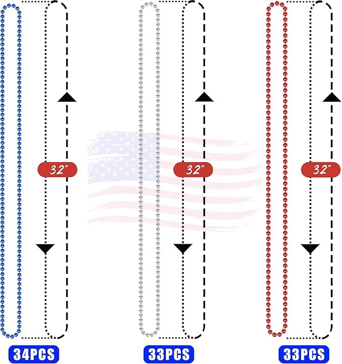 Moon Boat 4th of July Accessories Necklaces: Blue White and Red Beads Bulk, Patriotic Party Independence Memorial Day Favors Toys Decorations, 100 Pieces