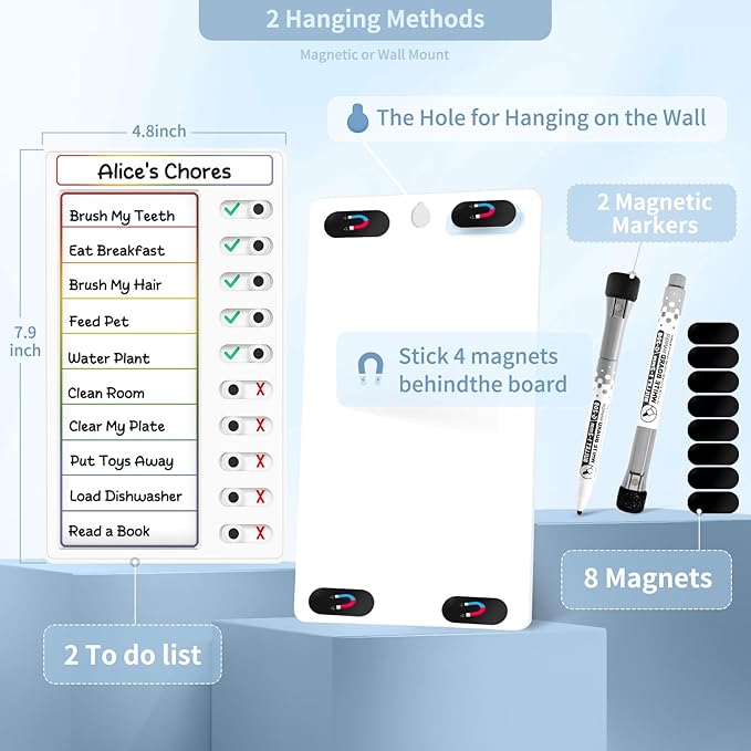 2 Pcs Chore Chart: Dry Erase My Chores Slider Chart, Magnetic Visual Schedule for Fridge, Daily Checklist - ADHD Tools: To Do List and Routine Chart for Multiple Kids (Rainbow 2-Pack)