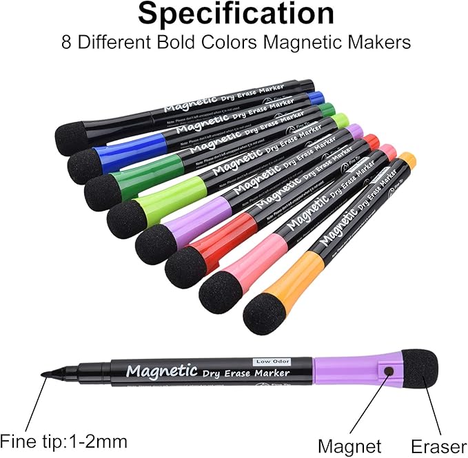 Magnetic Dry Erase Markers, (8 Pack) Dealkits Low Odor White Board Markers Whiteboard Markers with Erasers for Kids Teacher Supplies for Classroom Work on White Board, Calender, Fine Tip Point