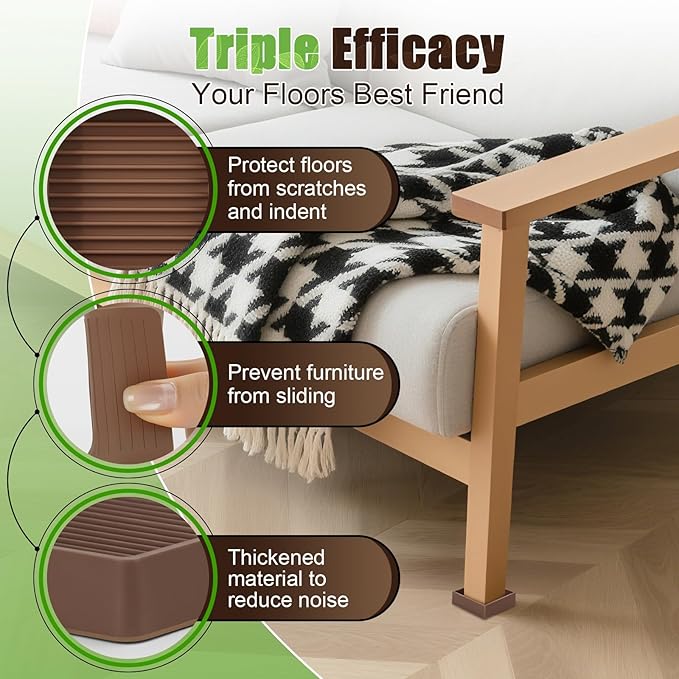 xxxHOLIC Non Slip Furniture Pads, 2” x 2” Brown Square, Set of 4, Anti Skid Furniture Feet Coasters, Rubber Grippers for Hardwood Floors, Bed Couch Stoppers to Prevent Sliding and Floor Scratches