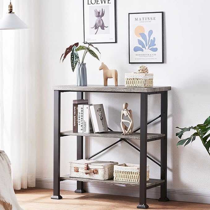 HOMBAZAAR 3 Tier Bookshelf,Grey Industrial Book Shelf,Engineered Wood and Metal Deep Bookshelves,Low Shelf Bookcase for Living Room,Office,Bedroom and Kitchen