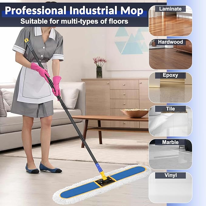 CLDREAM 24" Commercial Dust Mop for Floor Cleaning with 2 Replacement Mop Head, Large Industrial Push Broom Mops with 60" Long Handle,Wet Dry Floor Duster for Concrete Hardwood Tiles Marble Floors