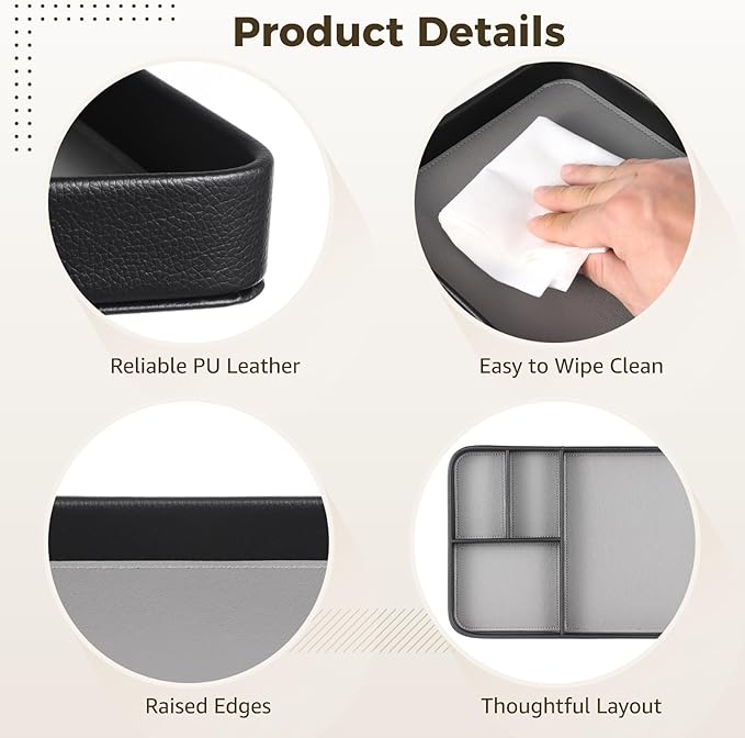 4-Compartment PU Leather Tray, Divided Catchall Organizer for Desk and Entryway, Stylish PU Leather Valet Tray, Multifunctional Storage Organizer for Phone Key Watch Wallet Jewelry