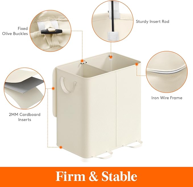 Lifewit Double Laundry Hamper with Lid and Removable Laundry Bags, Large Collapsible 2 Dividers Dirty Clothes Basket with Handles for Bedroom, Laundry Room, Closet, Bathroom, College, 136L Ivory White