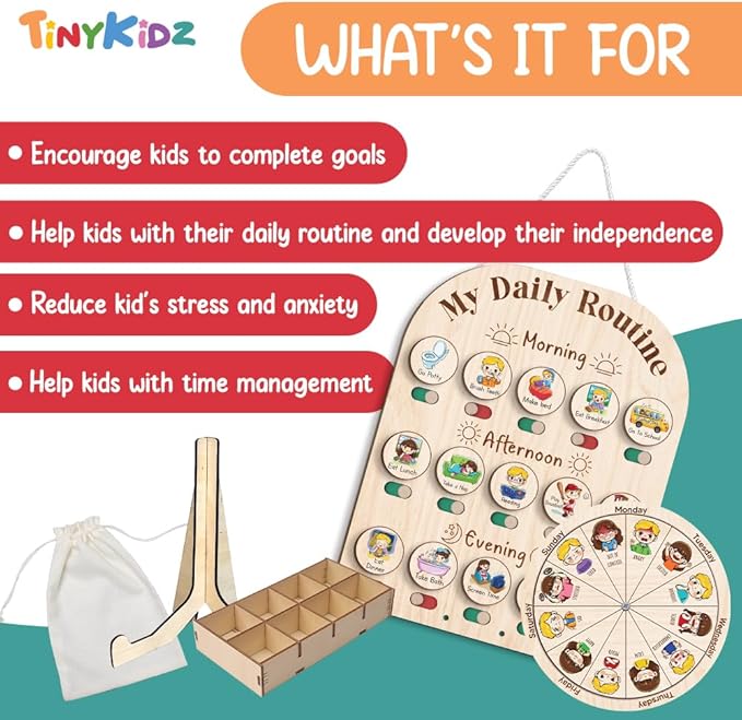 Personalized Wooden Daily Routine with Emotion Wheel, Daily Chore Chart for Kids, Behavior Chart at Home for Toddler, Visual Schedule with Feeling Wheel for Kids Boys Girls
