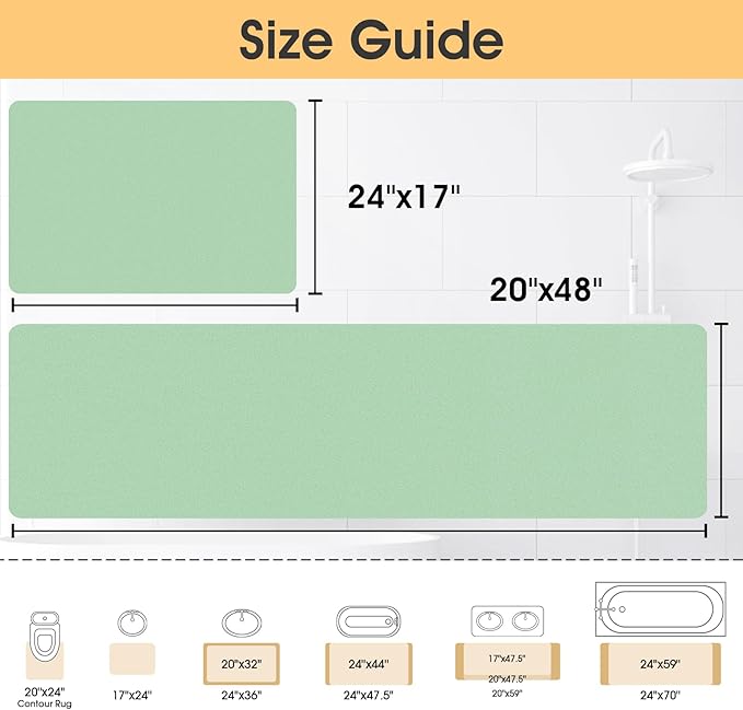 ACCUMTEK Ultra Thin Bath Mat, Upgrade Backing Non Slip Thin Bath Mats Fit Under Door, Quick Dry Ultra Absorbent Bathroom Rugs, Machine Washable Bath Rugs for Bathroom, Sage Green/Solid/24 x17+48"x20"