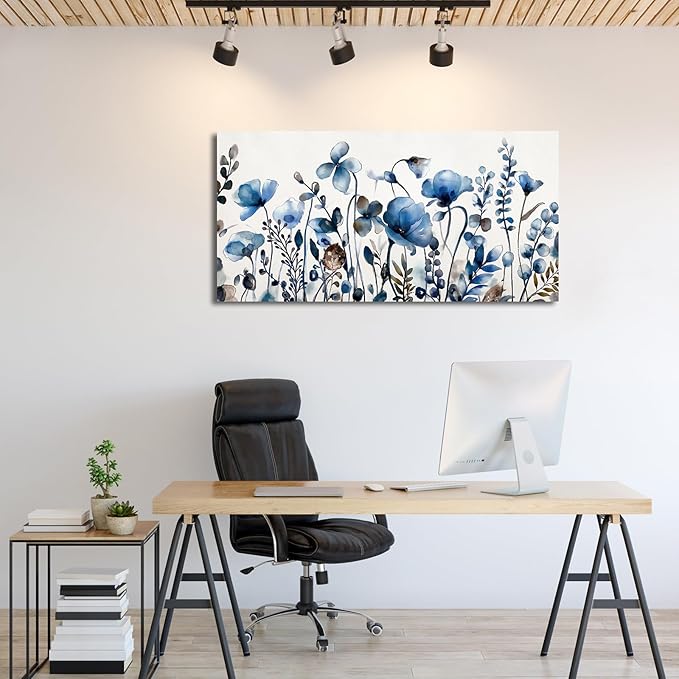 VEAEE Floral Wall Art, Abstract Indigo Flowers Canvas Pictures, Living Room Wall Decor, Modern Landscape Painting, Botanical Grass Artwork for Bedroom Bathroom Kitchen Office Wall Decor 20"x 40"