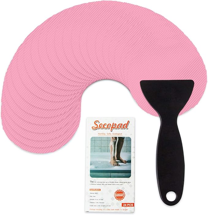 Non-Slip Bathtub Stickers, 24PCS Safety Bathroom Tubs Showers Treads Adhesive Decals Scraper (Pink)