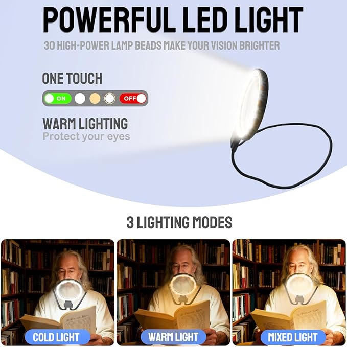 Hands-Free Magnifying Glass & Goose Neck Magnifier with Light | Neck-Worn Rechargeable for Reading, Crafts, Cross Stitch | 5X&10X Large View for Low Vision Seniors & Close Work