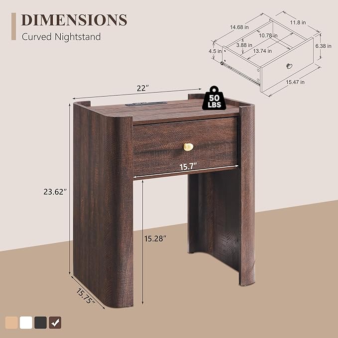 23.6" Tall Modern Nightstand Set of 2, 22" Wide Curved Bedside Table with Charging Station, Wooden Night Stand with 1 Storage Drawer, Large End Table for Bedroom, Living Room, Brown