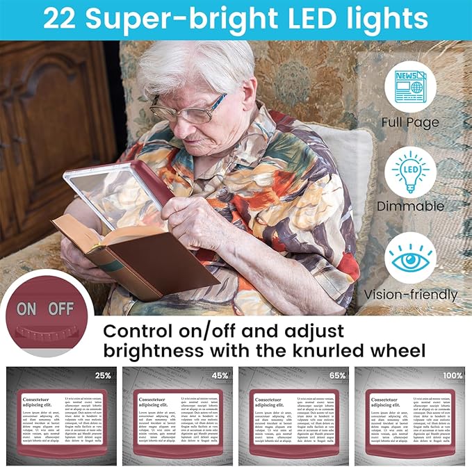 Rechargeable 5X Magnifying Glass for Reading, Large Bright Full Page Magnifier with Light, Handheld LED Dimmable Lighted, Lightweight Book Magnifier for Reading Small Prints Seniors - Red