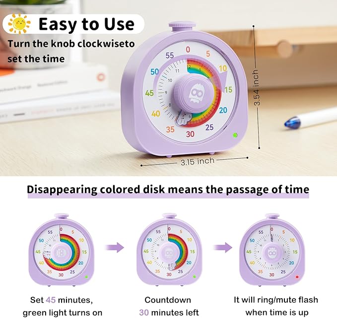 Visual Timer – Rainbow Magnetic Timer for Classroom, 60min/12h Rechargeable Countdown Timers, Silent Pomodoro Timers for Kids & Adults with ADHD