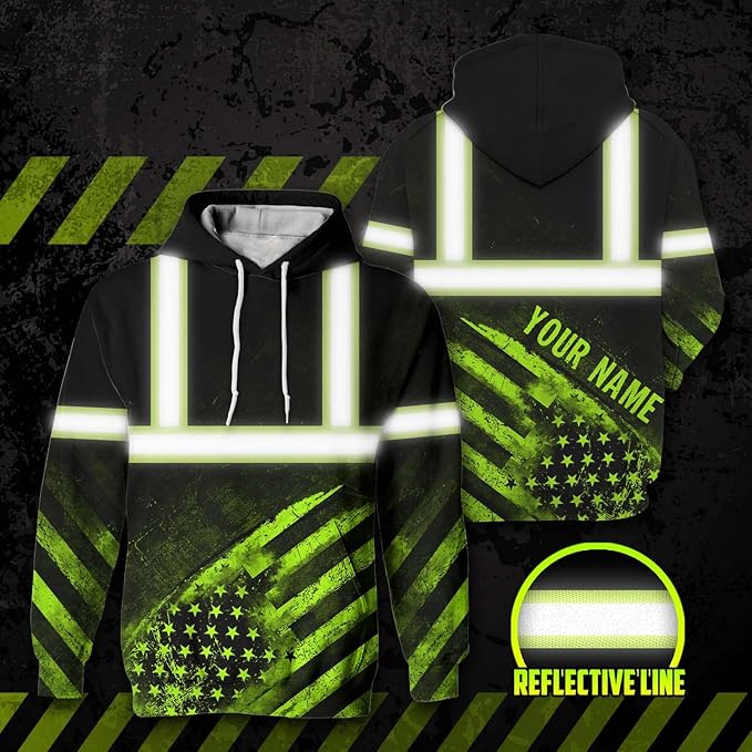 US Flag High Visibility Hoodie for Men Reflective Hoodie Safety Workwear for Worker Runner Patriotic ACC02