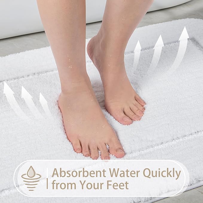 LOCHAS Bathroom Rug Set White, Soft Bath Rug Set 2 Piece, Toilet Mat U-Shaped 20x20 and 34x20 Bath Rugs, Quickly Dry Mats for Bathroom, Tub, Washable, Super Absorbent Floor Mat