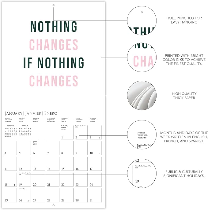 Graphique 2026 Girl Boss Wall Calendar | 12” x 12” | Thick Paper | Home & Office Organizer | Large Monthly Grid | 3 Languages & Marked Holidays | 4 Month Preview Page for 2027
