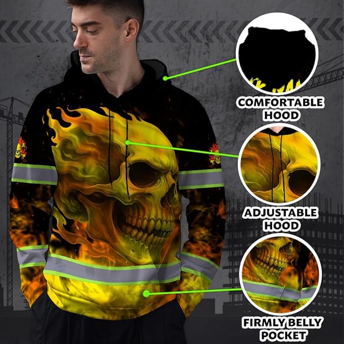 Matedecor Skull US Flag Reflective High Visibility Hoodie For Men Construction Hi Vis Safety Workwear Custom Name