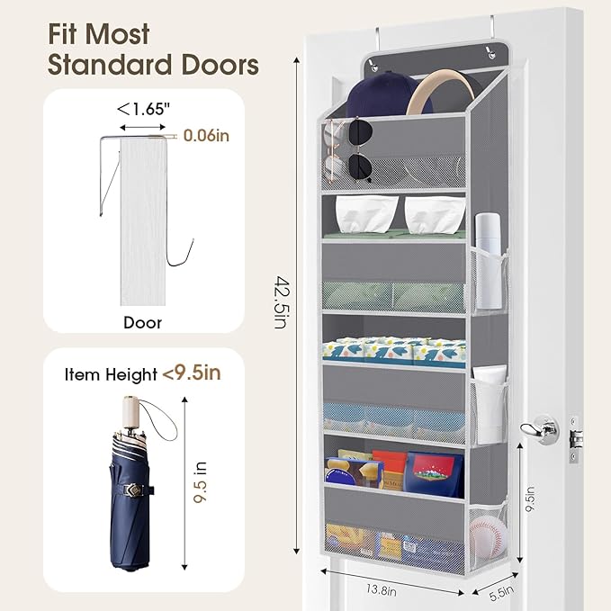 2 Pack Over The Door Organizer, Hanging Storage Organizer with Clear Window, 40lb Ultra Sturdy Large Capacity Room Organizer for Pantry Laundry Bathroom Nursery Closet (Grey)