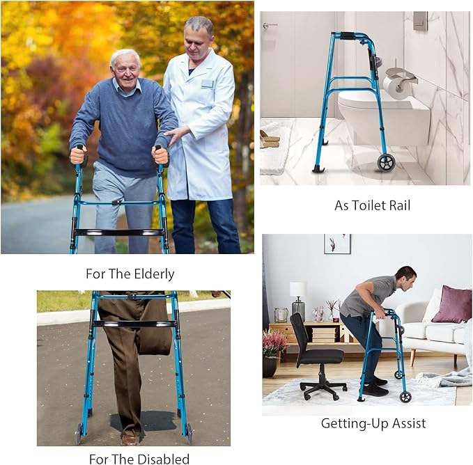 Goplus Walkers for Seniors, Foldable Standard Walker with 5’’ Wheels and Removable Padded Armrests 440lbs, Lightweight Walking Mobility Aid, Folding Platform Walker for Elderly, Handicap, Disabled