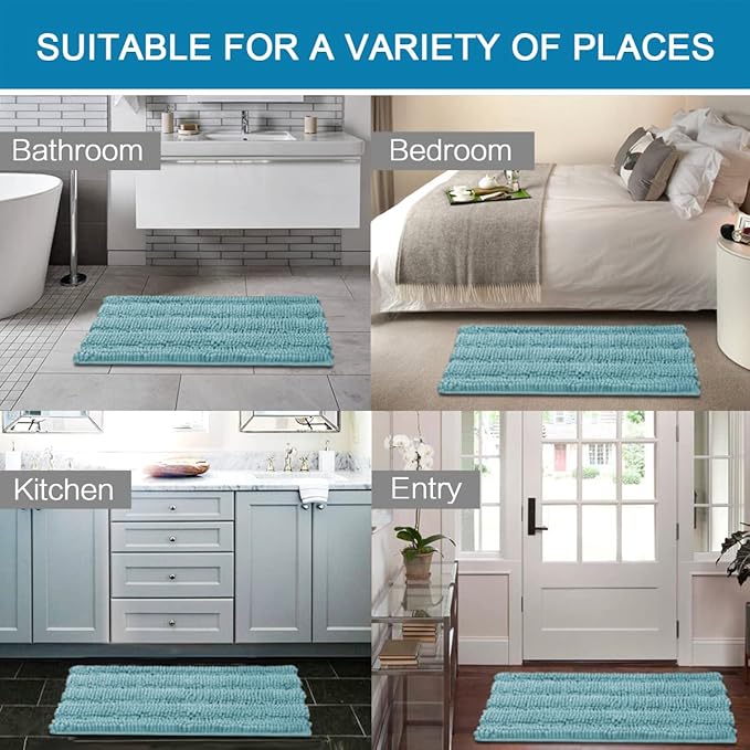 H.VERSAILTEX Bath Mats for Bathroom Non Slip Extra Thick Chenille Striped Bath Rug 24" x 36" Absorbent Non Skid Fluffy Soft Shaggy Rugs Washable Plush Mats for Indoor, Bath Room, Tub - Aqua Haze